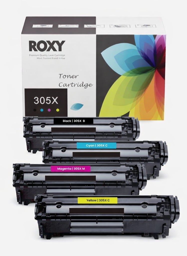 روكسي خراطيش حبر متوافقة ROXY 305X 305A (مجموعة) لطابعات HP / CE410X CE411X CE412X CE413X HP Color Laser Pro printer 300 M351 M375nw Pro 400 M451nw M451dn M451dw M475dw M475dn (أسود، سماوي، أصفر، أرجواني) - Image 1